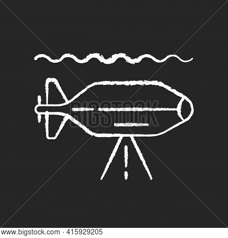 Auv Chalk White Icon On Black Background. Autonomous Underwater Vehicle Is Robot That Travels Underw