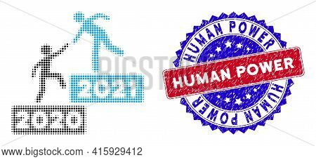 Pixel Halftone 2021 Business Steps Icon, And Human Power Textured Stamp Seal. Human Power Imprint Us