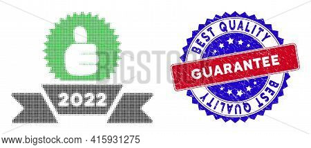 Dot Halftone 2022 Award Ribbon Icon, And Best Quality Guarantee Rough Stamp Print. Best Quality Guar