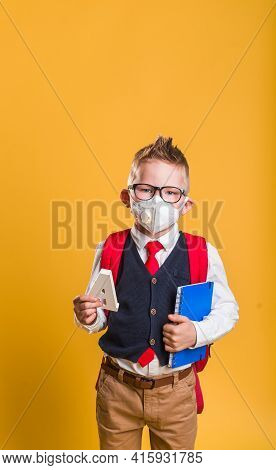 Pupil Boy With Bag And Book. Schoolboy In Mask During Corona Virus And Flu Outbreak. Llness Protecti