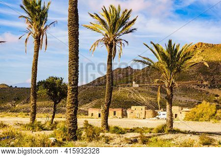 Caravan Camping At Movie Location El Chorrillo In Sierra Alhamilla Mountains, Spain. Tourist Attract