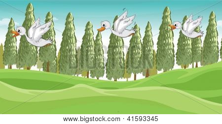 비행 하는 3 개의 작은 백조의 그림