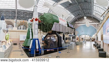 Moscow, Russia - November 28, 2018: Space museum. Inside The Cosmonautics and Aviation Centre in the Cosmos pavilion of VDNH. Aircraft exhibition. Rocket science