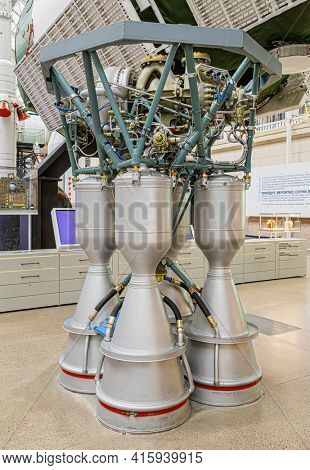 Moscow, Russia - November 28, 2018: Rocket engine. Space museum. Inside The Cosmonautics and Aviation Centre in the Cosmos pavilion of VDNH. Aircraft exhibition. Rocket science