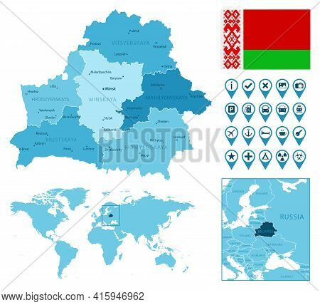 Belarus Detailed Administrative Blue Map With Country Flag And Location On The World Map. Vector Ill