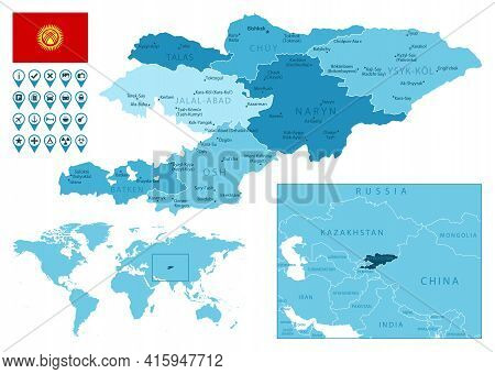 Kyrgyzstan Detailed Administrative Blue Map With Country Flag And Location On The World Map. Vector 