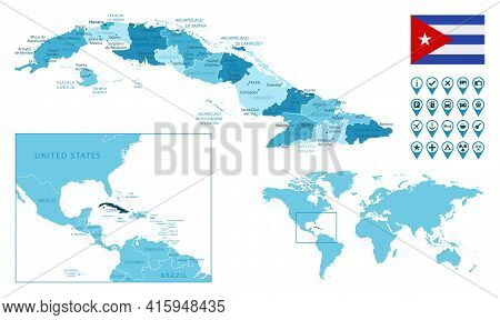 Cuba Detailed Administrative Blue Map With Country Flag And Location On The World Map. Vector Illust