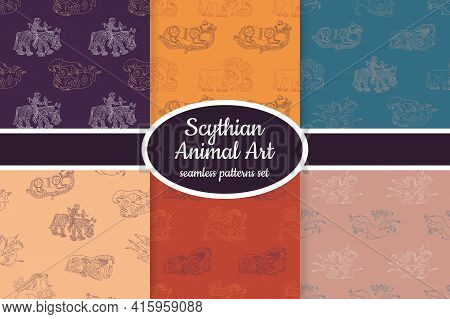 Collection Of Seamless Patterns With Ancient Scythian Art And Animal Motifs Designed For Web, Fabric