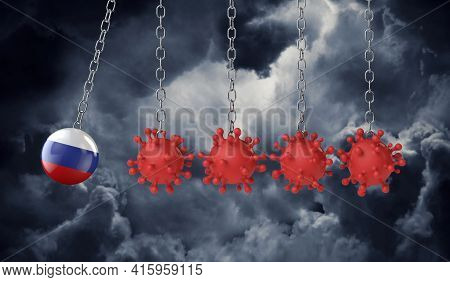 Russia Flag Ball Hits Into A Line Of Coronavirus Molecules. 3d Rendering