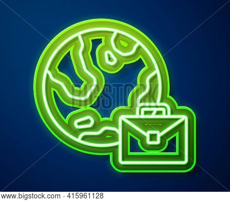 Glowing Neon Line Online Working Icon Isolated On Blue Background. Freelancer Man Working On Laptop 