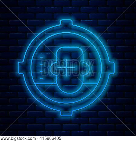Glowing Neon Line Headshot Icon Isolated On Brick Wall Background. Sniper And Marksman Is Shooting O