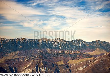 Baldo Mountain (monte Baldo) In Autumn, East Side, Seen From The Lessinia Plateau. Mountain Range Be
