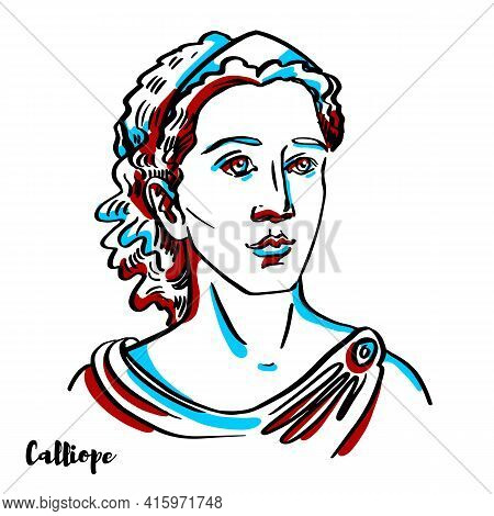 Calliope Engraved Vector Portrait With Ink Contours On White Background. Calliope Is The Muse Who Pr