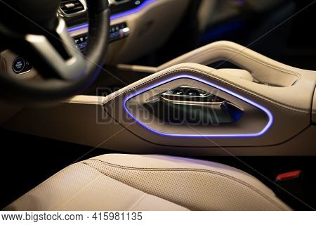 Moscow, Russia - December 24, 2019: Close-up Of Premium Led Ambiant Light Empty Interior Of Premium 