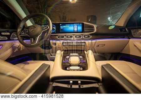 Moscow, Russia - December 24, 2019: Empty Interior Of Driver's Seat With Steering Wheel Of Light Lea