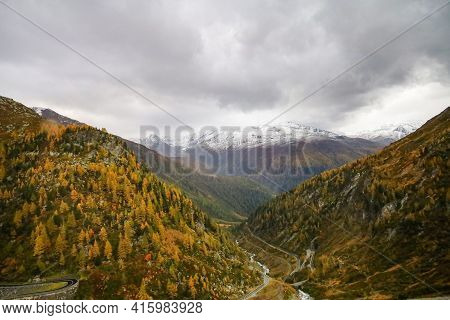 View Of Landscape Furi Mountain In Autumn Season From Cable Car In Zermatt, Swiss