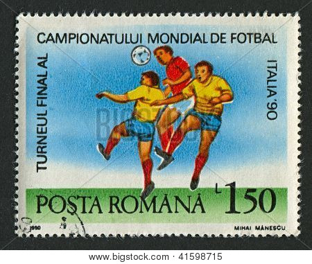 ROMANIA - CIRCA 1990: Postage stamps printed in Romania dedicated to FIFA World Cup (1990) in Italy, circa 1990.