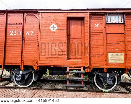 Belev, Russia - August 04, 2019: Old Fashioned Railway Carriage Of The Steam Train Standing Near Bel