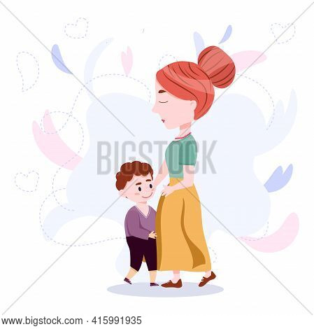 Mother Hugs Her Little Son. Vector Illustration In Cartoon Style. Cute Mother's Day Card