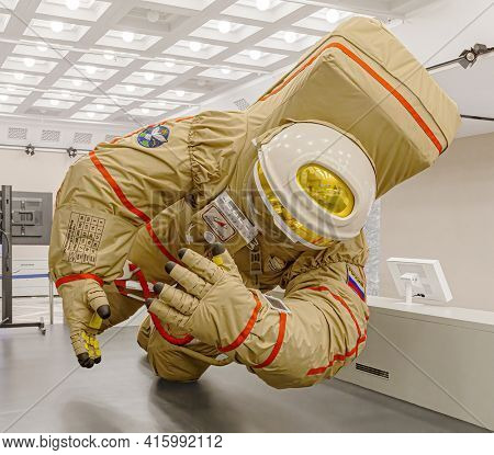 Moscow, Russia - November 28, 2018: Russian astronaut spacesuit in Space museum. Inside The Cosmonautics and Aviation Centre in the Cosmos pavilion of VDNH. Aircraft exhibition. Rocket science