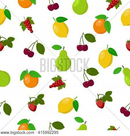 Bright, Juicy Seamless Pattern Of Lemon, Pear, Grapes, Orange, Ivishni.fructs And Berries. Vector .