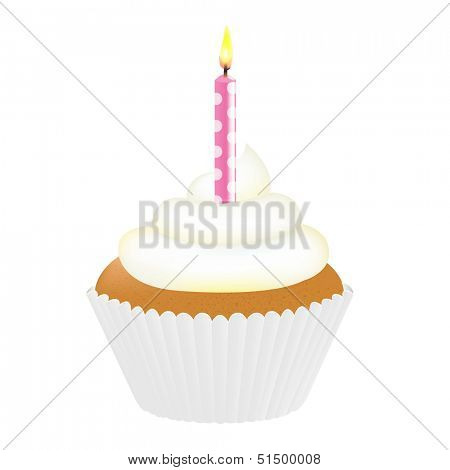 Cupcake With Cream And Pink Candle With Gradient Mesh, Vector Illustration