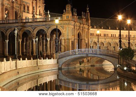 Plaza de Espana in Sevilla at night, Spain. Panoramic reflected in the canal