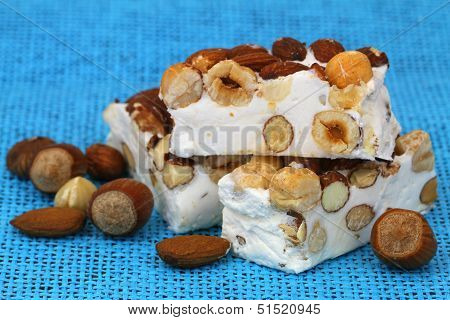 Almond and hazelnut nougat, close up