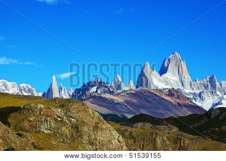 Argentine Patagonia. The famous rocky mountain Fitzroy against the blue sky