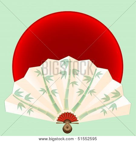 Fan Decorated With Bamboo On Red Circle