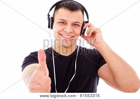 Smiling Dj With Headphones Showing Thumbs Up