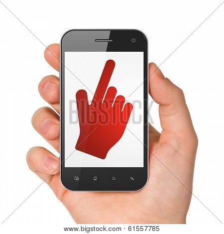 Social media concept: Mouse Cursor on smartphone