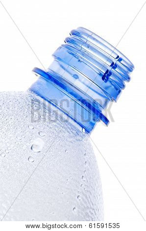 plastic bottle neck with water drops  close-up