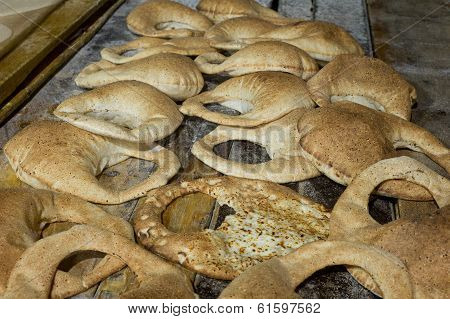 Stack of Arabic Bread Bagel in a bakery