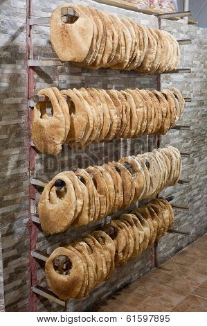 Stack of Arabic Bread Bagel in a bakery