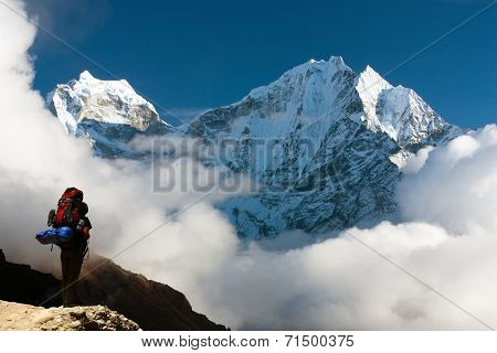 Kangtega And Thamserku With Tourist - Beautiful Mounts Above The Namche Bazar On The Way To Everest
