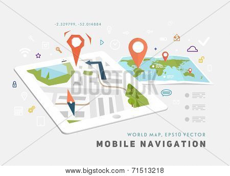 World Map. Mobile GPS Navigation. Tablet PC. Mobile Technologies Concept. 