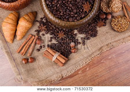 Roasted Coffee Beans In A Bamboo Basket