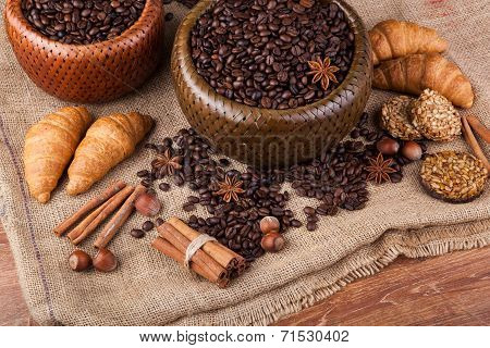 Roasted Coffee Beans In A Bamboo Basket