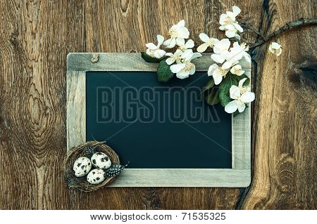 Chalkboard With Apple Tree Blossom And Easter Eggs Decoration