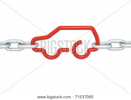 Red Car Symbol Blocked With Metal Chains Isolated