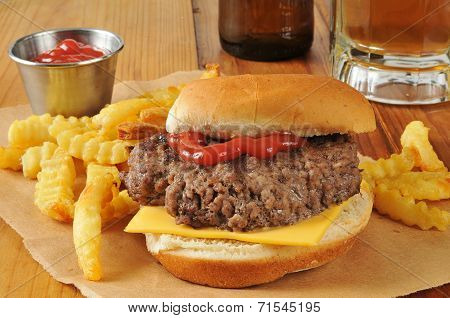 Cheeseburger, Fries And Beer