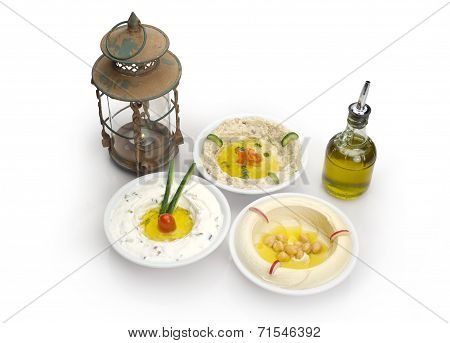 Arabic traditional Hummus , labneh and mtabbal with Ramadan Lamp