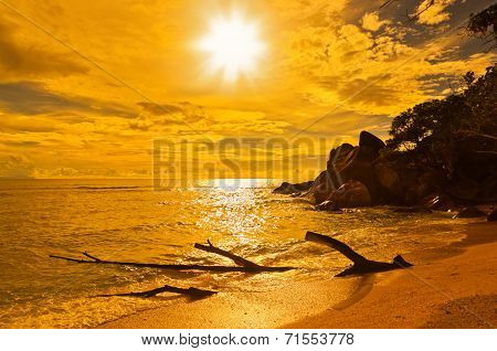 Seychelles Tropical Beach At Sunset