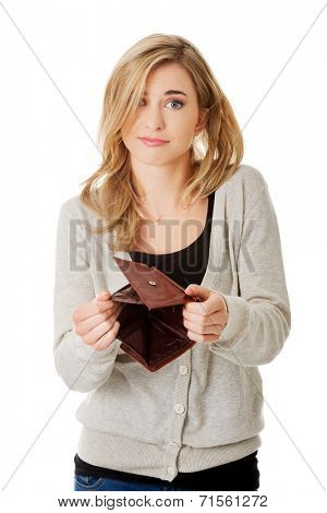 Young caucasian woman with empty wallet - broke