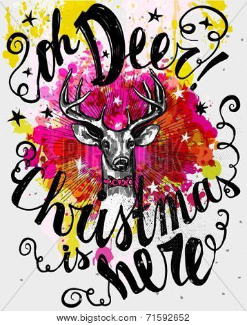 Christmas Poster - Whimsical mixed media Christmas card, with hipster reindeer and old fashioned hand lettering, ink on watercolor backdrop