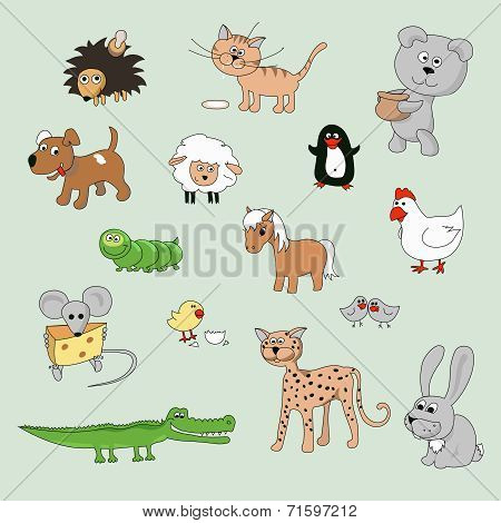set of various cartoon animals and birds