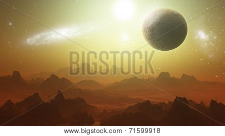 3D space background of a planetry terrain with fictional planets in the sky