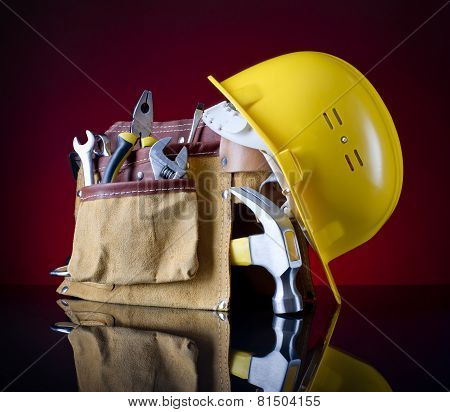 Tool Belt, Hammer And Helmet
