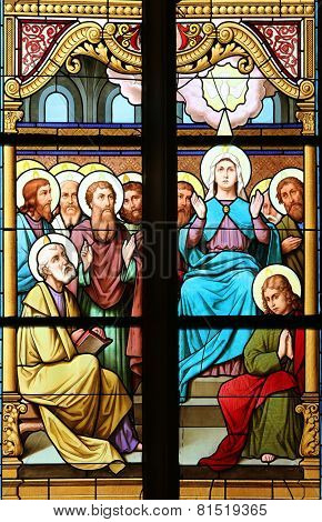 MARIJA BISTRICA, CROATIA - OCTOBER 26: Descent of the Holy Spirit, stained glass window in Basilica Assumption of the Virgin Mary in Marija Bistrica, Croatia, on October 26, 2013